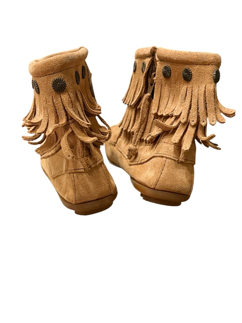 Minnetonka Tan Suede Moccasin Fringe Fall Cozy Short Boots Zip Closure sz 8.5 - Picture 8 of 15